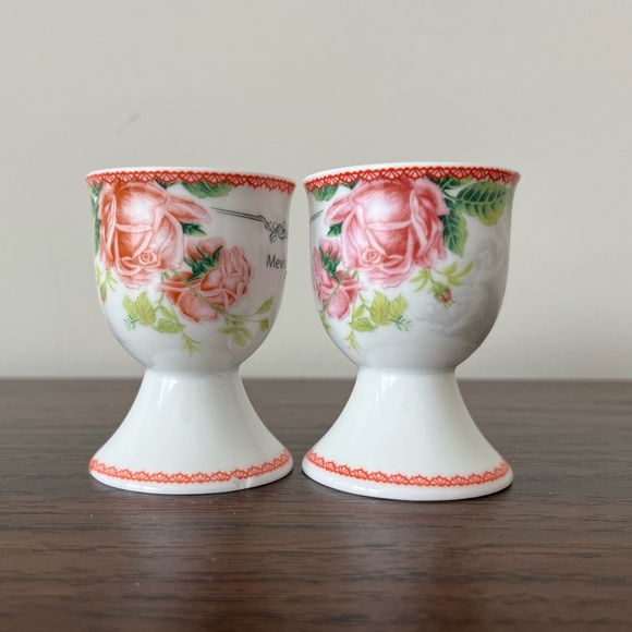 MEVIS LINE Floral Rose Soft Boiled Egg Cups Porcelain Set Of 2 cottage Shabby - Picture 7 of 13